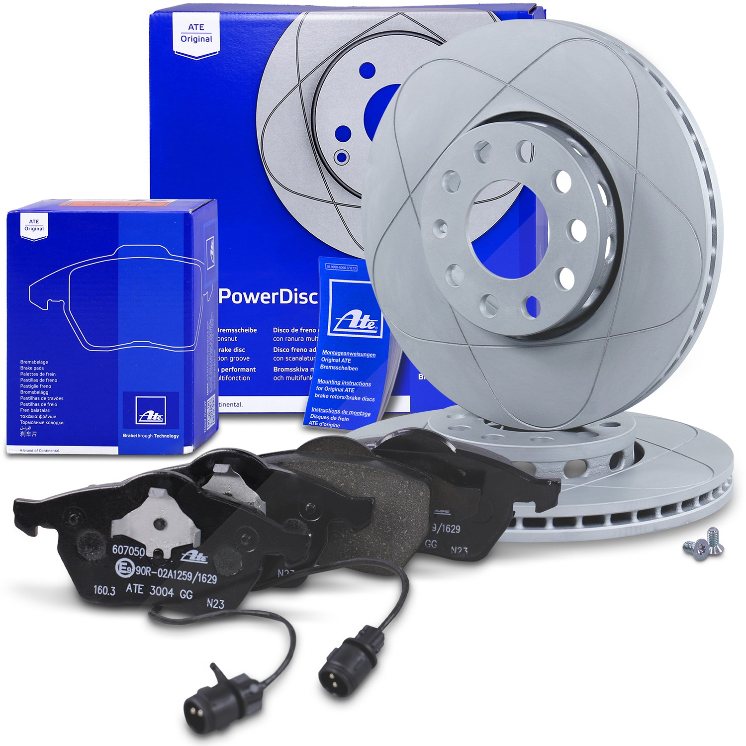 Ate POWERDISC Bremsscheiben +Bremsbeläge mit Warnkontakt vorne [Hersteller-Nr. 10696830] für Audi