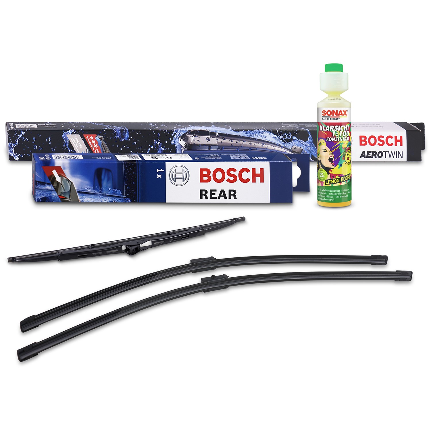 Bosch Wischer vorne +hinten +Scheibenreiniger [Hersteller-Nr. 31185814] für VW, Ford, Seat