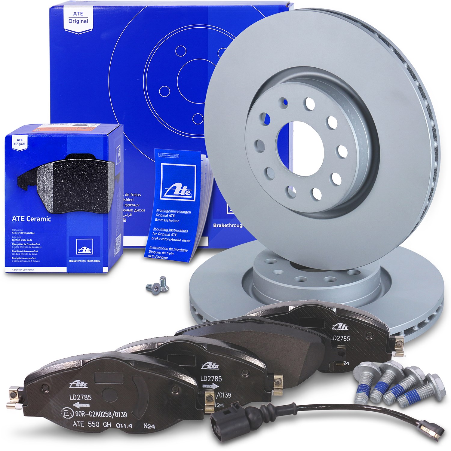 Ate Bremsscheiben +CERAMIC Bremsbeläge mit Warnkontakt vorne [Hersteller-Nr. 10698397] für Cupra, Skoda, Audi, VW, Seat