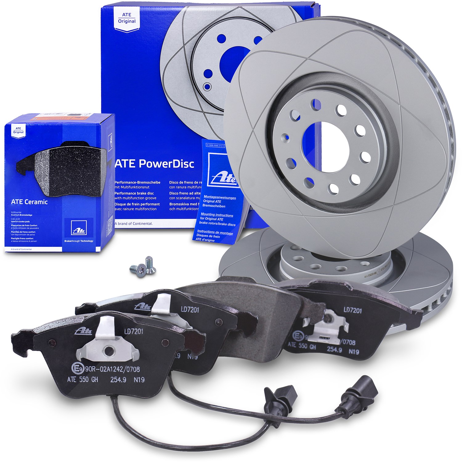 Ate POWERDISC Bremsscheiben +CERAMIC Bremsbeläge mit Kontakt vorne [Hersteller-Nr. 10698353] für Audi, Seat