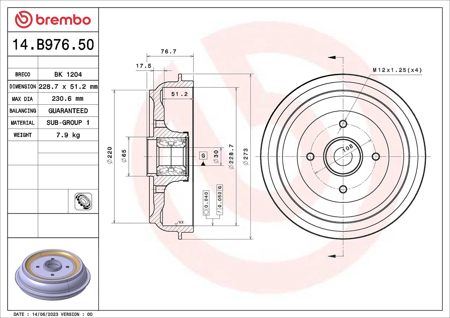 Brembo Bremstrommel Größe 14 14.B976.50 - Bild 3