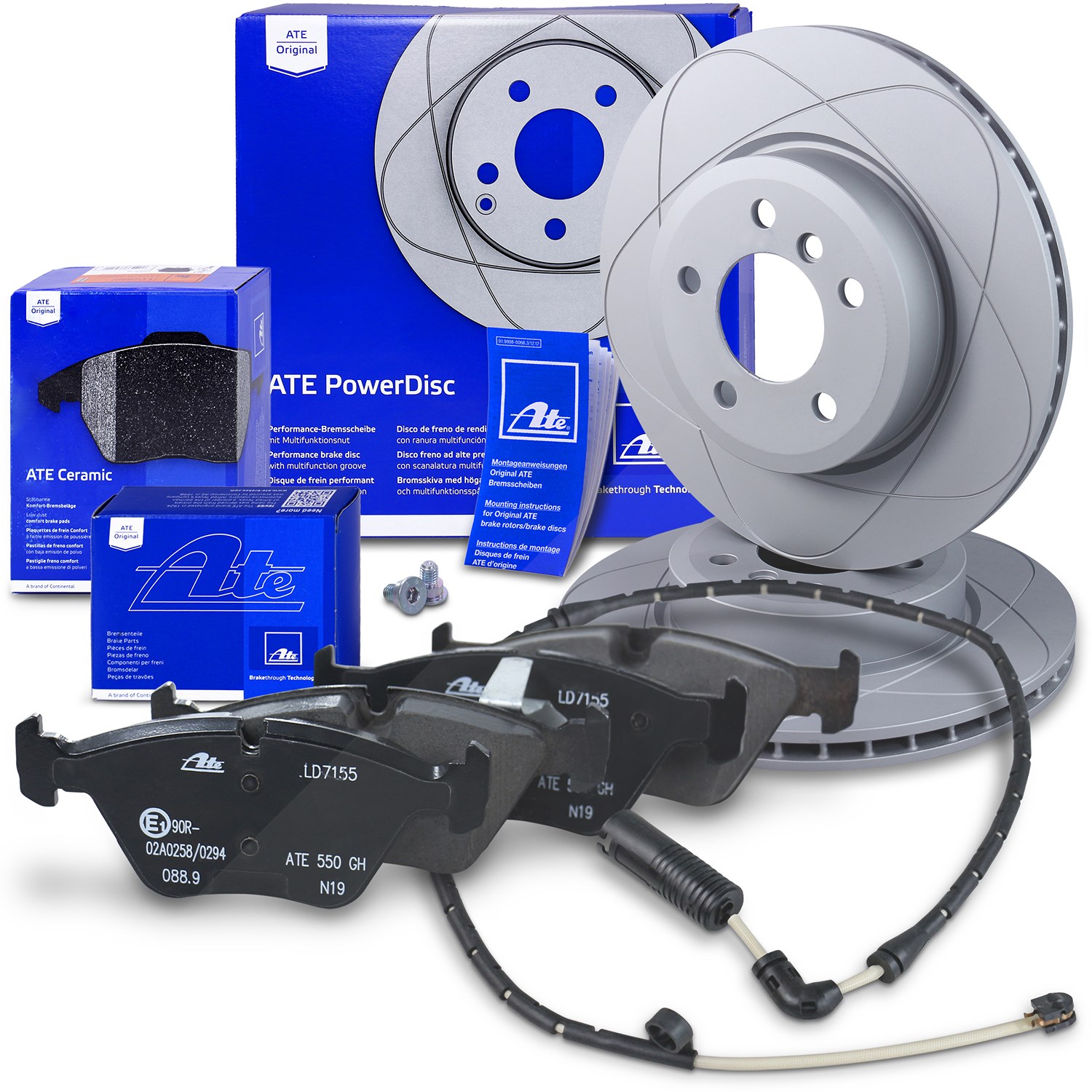 Ate POWERDISC Bremsscheiben +CERAMIC Bremsbeläge +Warnkontakt vorne [Hersteller-Nr. 10698591] für BMW