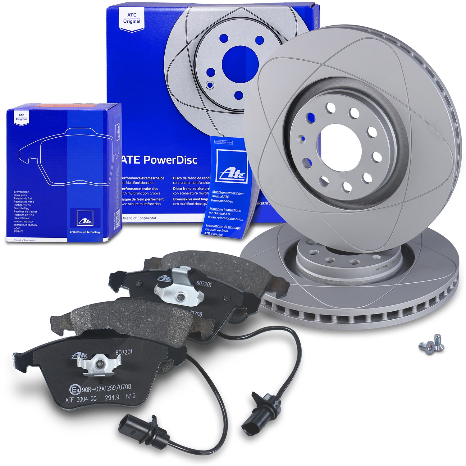 Ate POWERDISC Bremsscheiben +Bremsbeläge mit Warnkontakt vorne [Hersteller-Nr. 10698356] für Audi, Seat