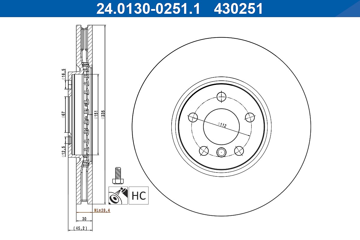Ate 1x Bremsscheibe [Hersteller-Nr. 24.0130-0251.1] für Mini, BMW