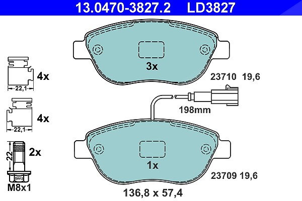 Ate CERAMIC Bremsbelagsatz mit Warnkontakt vorne [Hersteller-Nr. 13.0470-3827.2] für Vauxhall, Fiat, Lancia, Abarth, Opel