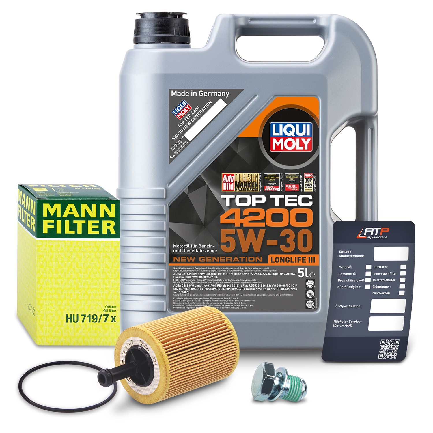 Mann-filter Ölfilter+Schraube+5L LIQUI MOLY Top Tec 4200 5W-30 [Hersteller-Nr. 10491742] für Audi, Seat, Dodge, Chrysler, Ford, Skoda, VW, Jeep, Mitsu