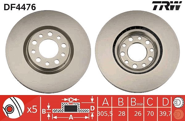 Trw Bremsscheibe Vorderachse Belüftet [Hersteller-Nr. DF4476] für Jeep, Alfa Romeo, Fiat