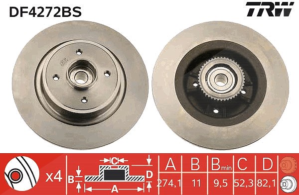 Trw 1x Bremsscheibe Hinterachse mit ABS-Ring+Lager [Hersteller-Nr. DF4272BS] für Renault