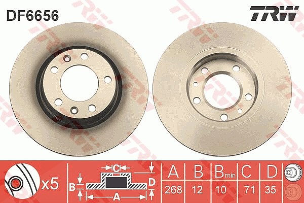 Trw Bremsscheibe Hinterachse Voll [Hersteller-Nr. DF6656] für Ds, Vauxhall, Citroën, Opel, Peugeot