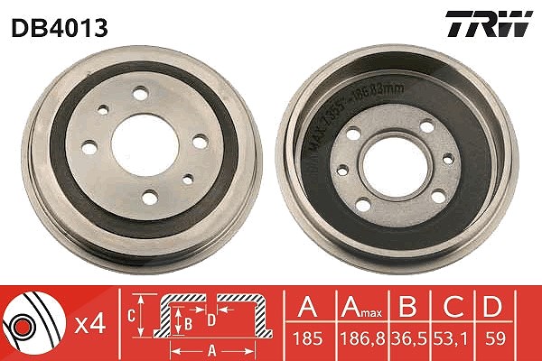 Trw Bremstrommel [Hersteller-Nr. DB4013] für Fiat, Innocenti, Lancia, Seat, Autobianchi, Abarth, Zastava, Yugo