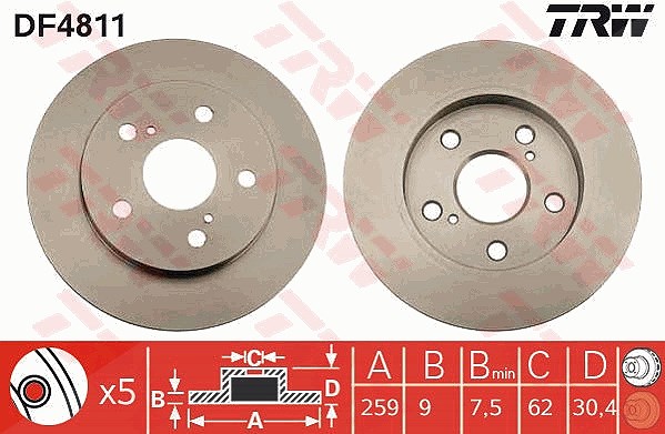 Trw Bremsscheibe Hinterachse Voll [Hersteller-Nr. DF4811] für Toyota