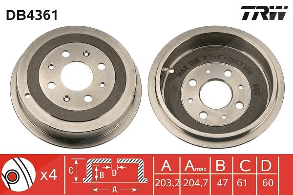 Trw Bremstrommel Hinterachse [Hersteller-Nr. DB4361] für Fiat, Opel, Vauxhall