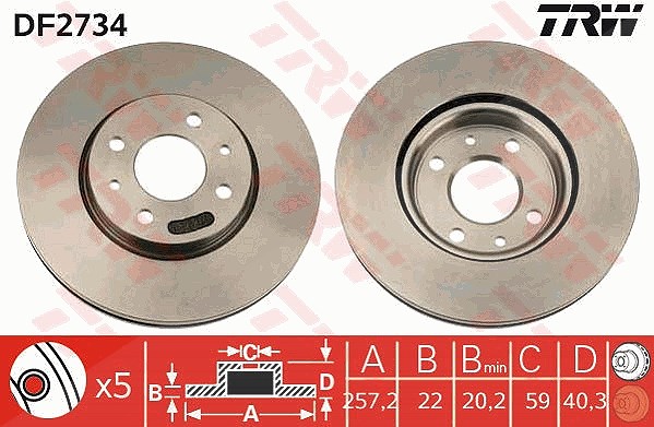 Trw Bremsscheibe Vorderachse Belüftet [Hersteller-Nr. DF2734] für Lancia, Fiat, Alfa Romeo, Chrysler, Citroën, Peugeot