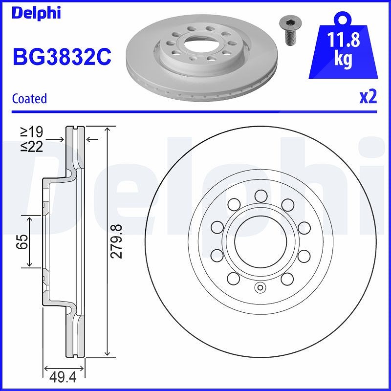 Delphi Bremsscheibe [Hersteller-Nr. BG3832C] für VW, Seat, Skoda, Audi