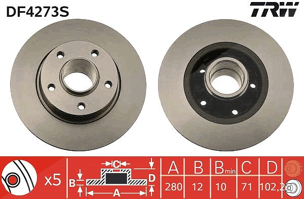 Trw 1x Bremsscheibe Hinterachse Voll ohne Radlager [Hersteller-Nr. DF4273S] für Vauxhall, Renault, Opel, Nissan