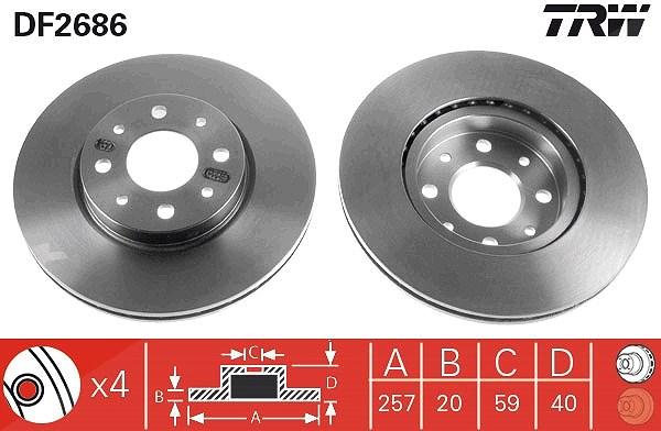 Trw Bremsscheibe Vorderachse Belüftet [Hersteller-Nr. DF2686] für Alfa Romeo, Fiat, Lancia