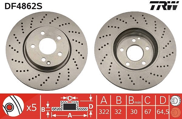 Trw 1x Bremsscheibe Vorderachse Belüftet Gelocht [Hersteller-Nr. DF4862S] für Mercedes-Benz