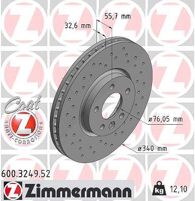 Zimmermann 1x Bremsscheibe Vorderachse Belüftet Gelocht [Hersteller-Nr. 600.3249.52] für VW, Bentley
