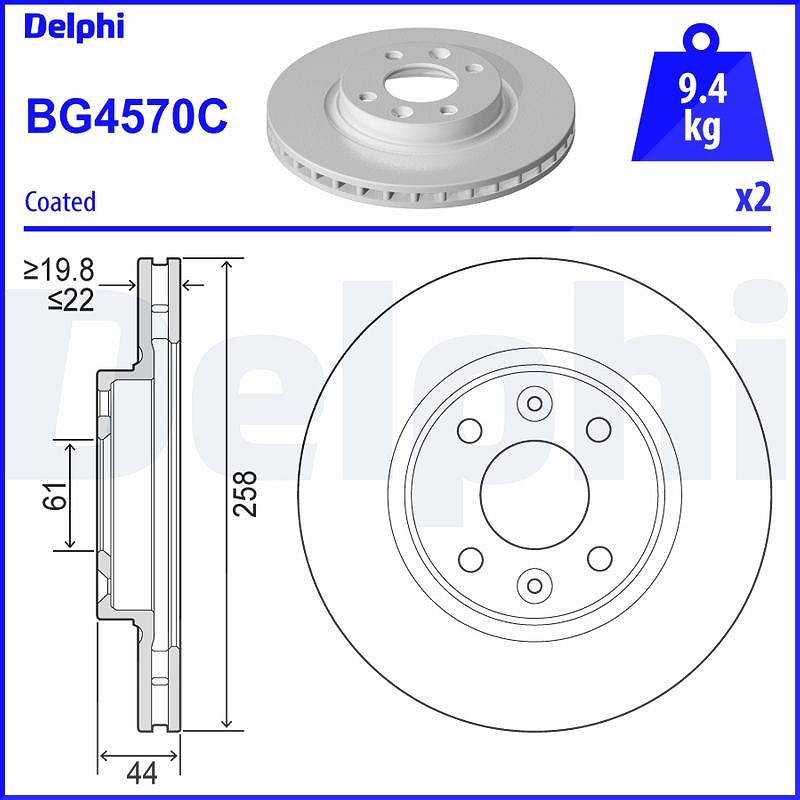 Delphi Bremsscheibe Vorderachse Belüftet [Hersteller-Nr. BG4570C] für Citroën, Smart, Dacia, Renault