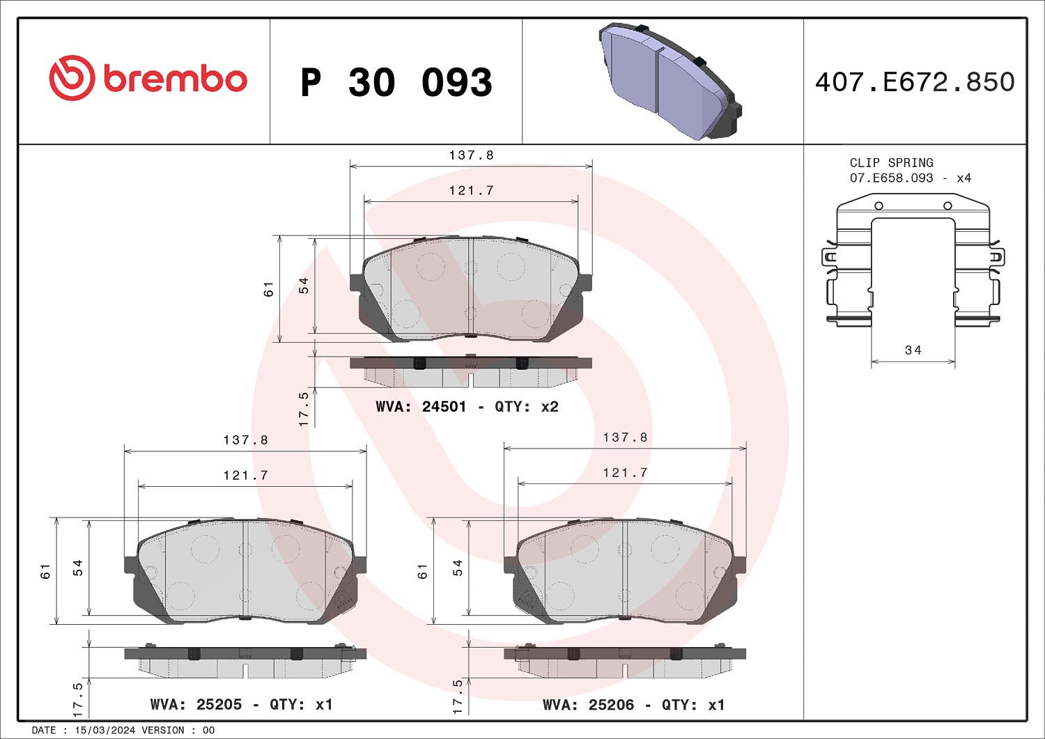 Brembo Bremsbelagsatz, Scheibenbremse [Hersteller-Nr. P30093] für Kia, Hyundai