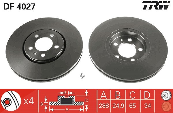 Trw Bremsscheibe Vorderachse belüftet [Hersteller-Nr. DF4027] für Skoda, VW, Seat, Audi