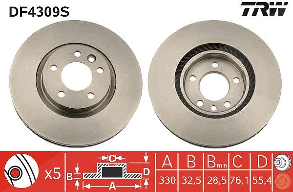 Trw 1x Bremsscheibe Vorderachse Belüftet [Hersteller-Nr. DF4309S] für VW
