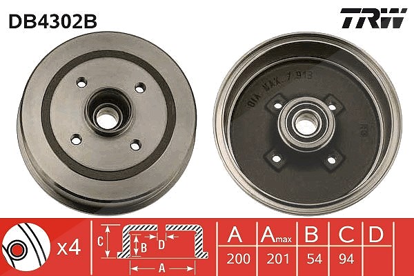 Trw Bremstrommel Hinterachse mit Radlager [Hersteller-Nr. DB4302B] für Vauxhall, Opel