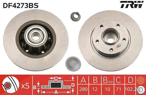 Trw 1x Bremsscheibe Hinterachse Voll + Radlager [Hersteller-Nr. DF4273BS] für Vauxhall, Renault, Nissan, Opel