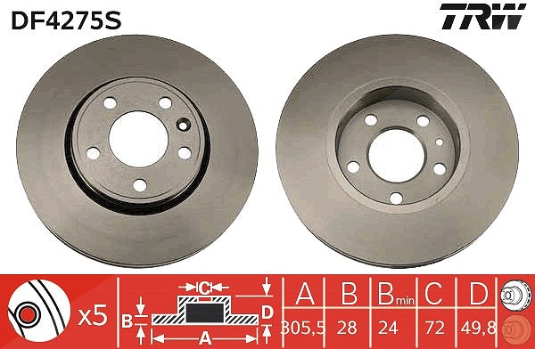 Trw 1x Bremsscheibe [Hersteller-Nr. DF4275S] für Vauxhall, Nissan, Renault, Opel