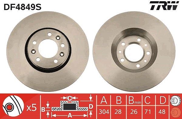 Trw 1x Bremsscheibe Vorderachse Belüftet [Hersteller-Nr. DF4849S] für Fiat, Peugeot, Citroën