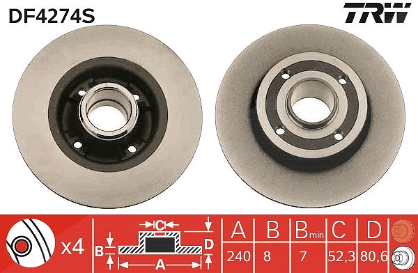 Trw 1x Bremsscheiben hinten ohne Radlager [Hersteller-Nr. DF4274S] für Nissan, Renault