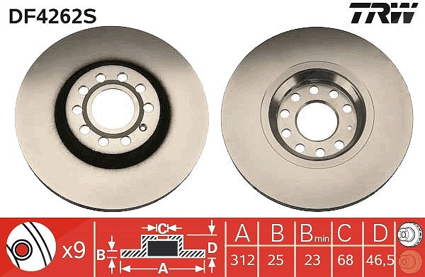 Trw 1x Bremsscheibe Vorderachse Belüftet [Hersteller-Nr. DF4262S] für Seat, Skoda, VW, Audi