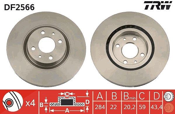 Trw Bremsscheibe Vorderachse Belüftet [Hersteller-Nr. DF2566] für Chrysler, Lancia, Alfa Romeo, Abarth, Fiat