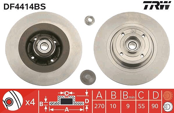 Trw 1x Bremsscheibe hinten +Radlager+ABS-Ring [Hersteller-Nr. DF4414BS] für Renault
