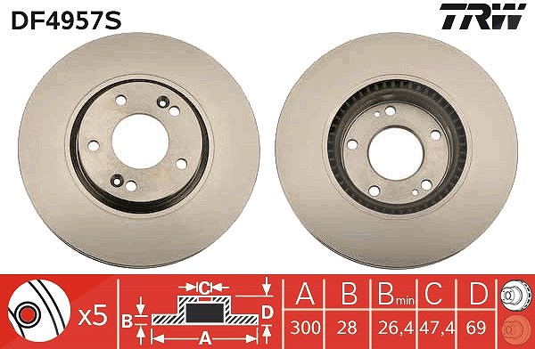 Trw 1x Bremsscheibe Vorderachse Belüftet [Hersteller-Nr. DF4957S] für Hyundai, Kia