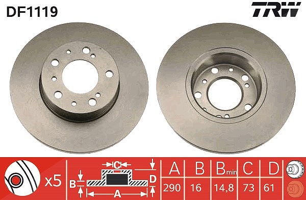Trw Bremsscheibe Vorderachse Voll [Hersteller-Nr. DF1119] für Peugeot, Auverland, Citroën, Fiat, Talbot