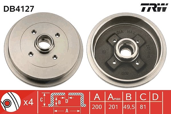 Trw 1x Bremstrommel Hinterachse [Hersteller-Nr. DB4127] für Audi, Seat, VW, Skoda