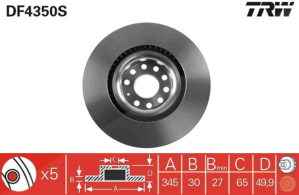 Trw 1x Bremsscheibe [Hersteller-Nr. DF4350S] für Seat, VW, Skoda, Audi