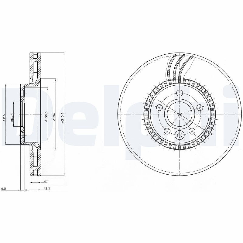 Delphi Bremsscheibe Vorderachse Belüftet [Hersteller-Nr. BG4123] für Ford, Volvo, Land Rover