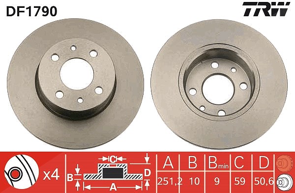 Trw Bremsscheibe Hinterachse Voll [Hersteller-Nr. DF1790] für Lancia, Alfa Romeo, Fiat, Chrysler