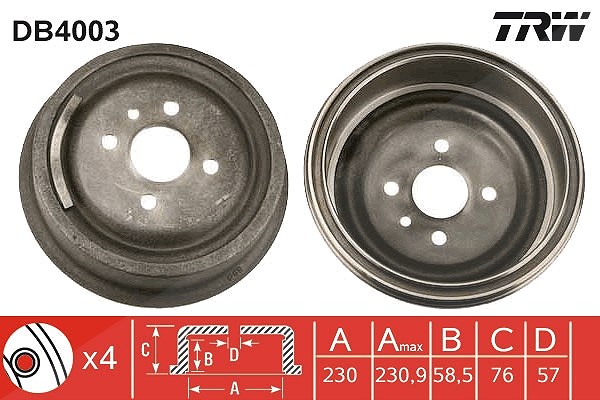 Trw 1x Bremstrommel [Hersteller-Nr. DB4003] für Ranger, Bedford, Opel, Vauxhall