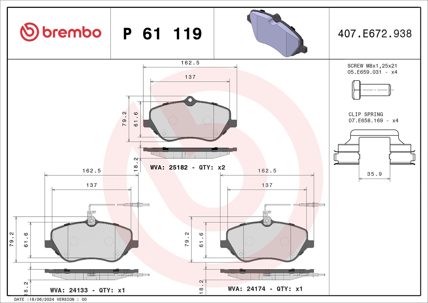 Brembo Bremsbelagsatz, Scheibenbremse [Hersteller-Nr. P61119] für Peugeot, Citroën, Ford
