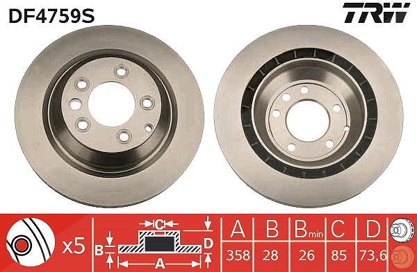 Trw 1x Bremsscheibe Hinterachse Belüftet [Hersteller-Nr. DF4759S] für Porsche, Audi, VW