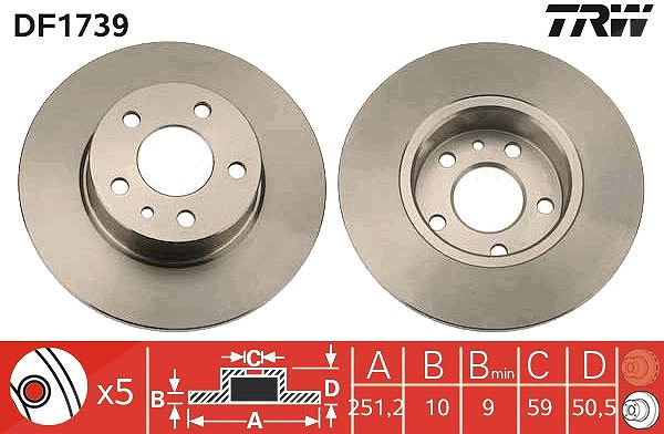 Trw Bremsscheibe Hinterachse Voll [Hersteller-Nr. DF1739] für Lancia, Alfa Romeo