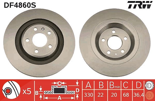 Trw 1x Bremsscheibe Hinterachse Belüftet [Hersteller-Nr. DF4860S] für Audi