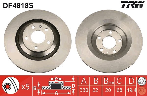 Trw 1x Bremsscheibe Hinterachse Belüftet [Hersteller-Nr. DF4818S] für Audi