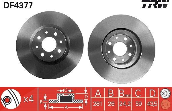 Trw 1x Bremsscheibe [Hersteller-Nr. DF4377] für Alfa Romeo, Chrysler, Fiat, Lancia