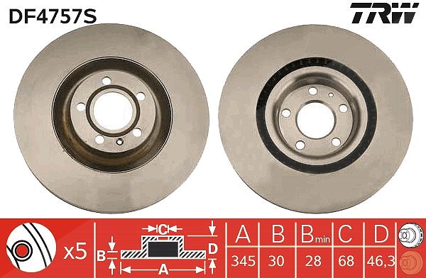 Trw 1x Bremsscheibe [Hersteller-Nr. DF4757S] für Audi