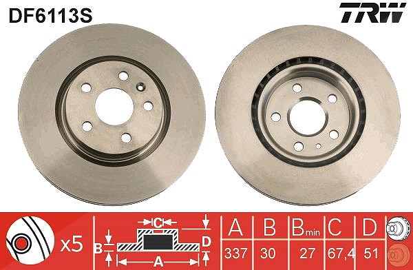 Trw 1x Bremsscheibe Vorderachse Belüftet [Hersteller-Nr. DF6113S] für Saab, Opel, Vauxhall