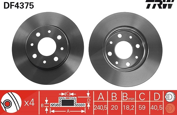 Trw 1x Bremsscheibe Vorderachse Belüftet [Hersteller-Nr. DF4375] für Fiat, Ford